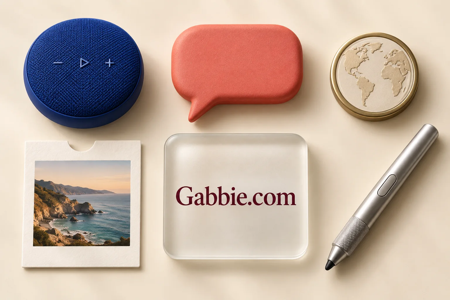 Gabbie.com glass tile among a voice speaker, speech shape, globe, photograph, and pen