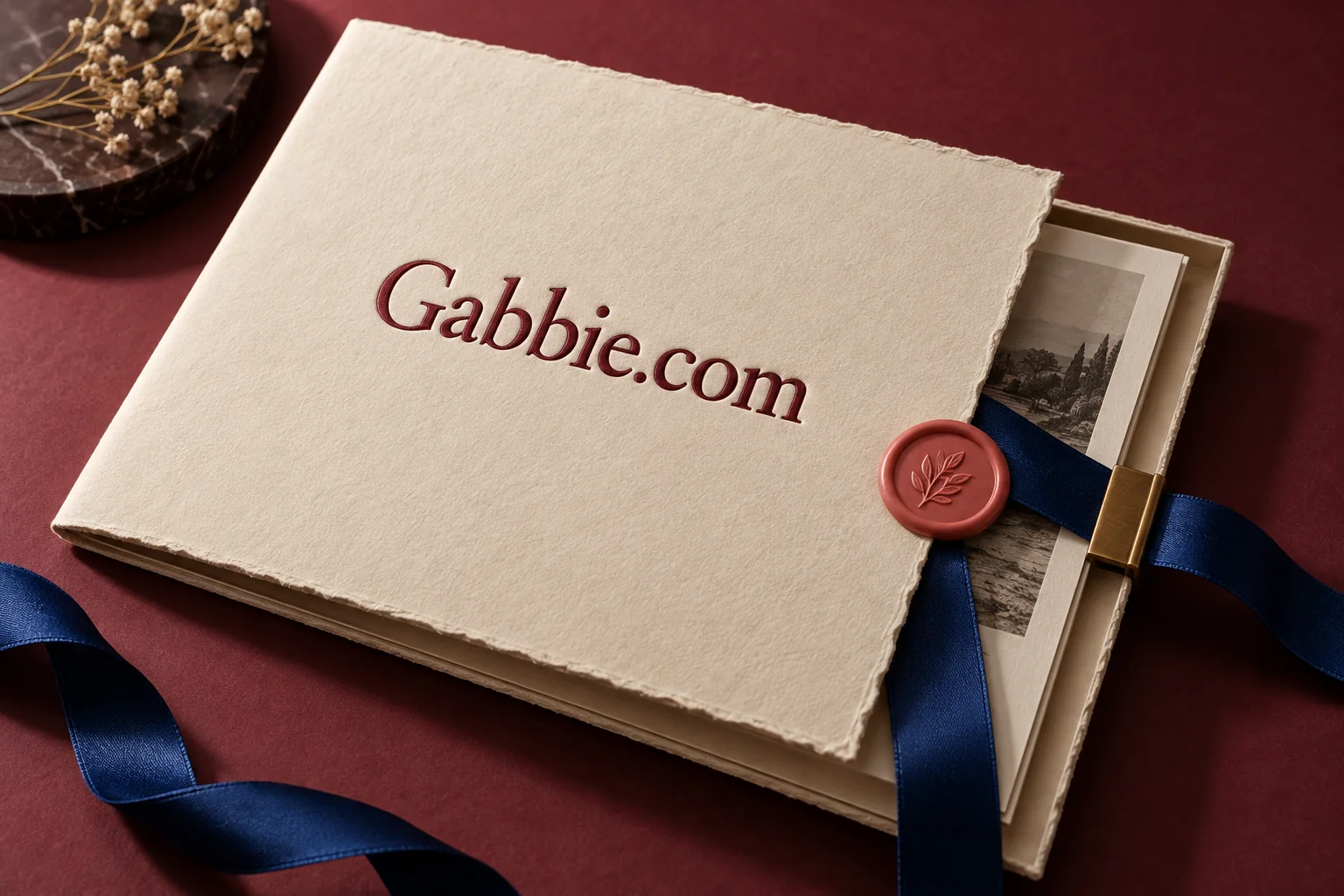Gabbie.com letterpress stationery with cobalt ribbon and coral wax seal